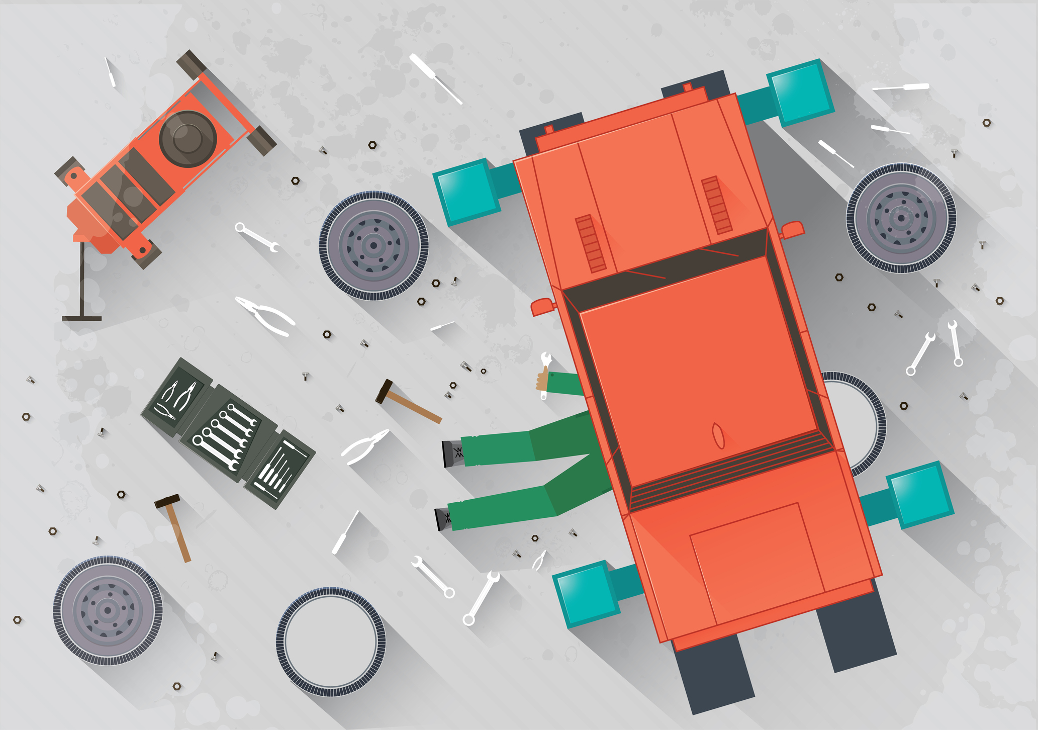 Mechanic repairing the car in the garage Vector illustration in flat style