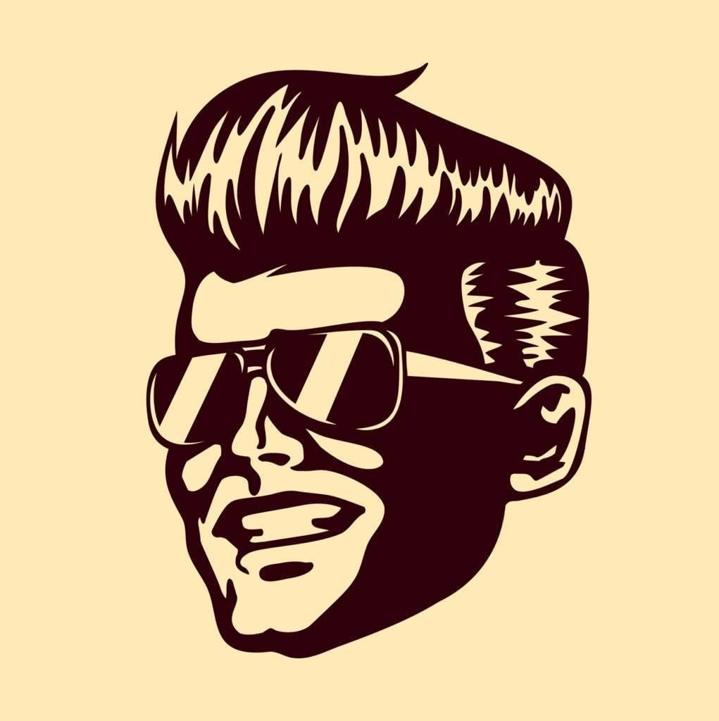 Vintage retro cool dude man face sunglasses rockabilly pompadour haircut vector isolated on white background